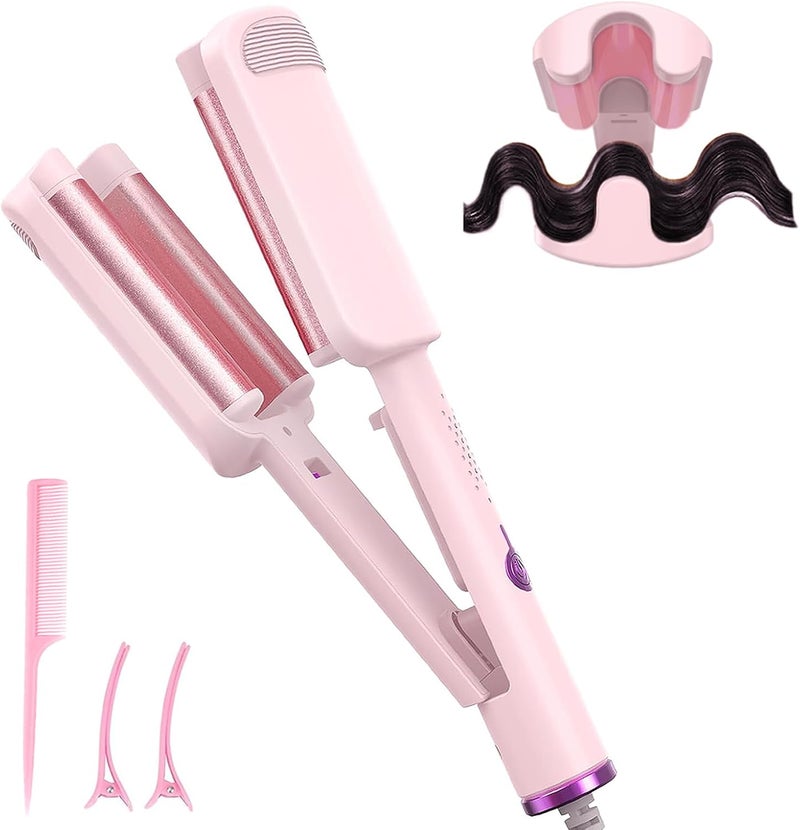 UJIO Hair Crimper for Women, 3 Barrel Beach Waver Curling Iron with 4 Temp Adjustable, Dual Voltage, Anti-Scald, Travel Lock, Fast Heating Crimper Hair Tool for All Hair Types (Pink) - Image 1